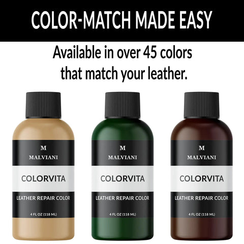Three bottles of Malviani Colorvita Leather Repair Color in taupe, green, and brown, labeled as 4 oz, arranged side by side.