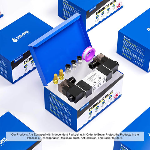 Heavy Duty Beefy Pneumatic Solenoid Valve 4V220-08 DC24V in blue box, showing double coil, 2 position, 5 way electric valve setup