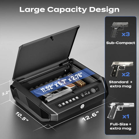 Insanely Quick Access Biometric Handgun Safe With Lcd Display And Keypad Unlock For Pistols Stores Up To One Hundred Prints Compact Lock Box showing large capacity design with multiple pistols and ammo sizes.
