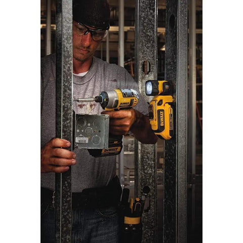 Worker using power tools with 20V Max LED Work Light Rechargeable Magnetic Clip On Freestanding Light With 360 Degree Pivot Head Hands Free Utility Light For Job Sites And DIY Projects attached to metal framework.