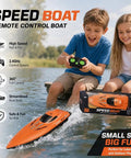 Ultra Fast RC Boat With Dual Motors Auto Self Righting Waterproof Electric Speedboat displayed with kids playing by a lake.