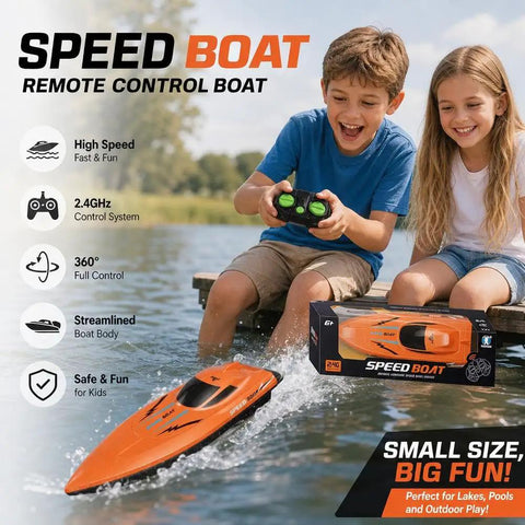 Ultra Fast RC Boat With Dual Motors Auto Self Righting Waterproof Electric Speedboat displayed with kids playing by a lake.