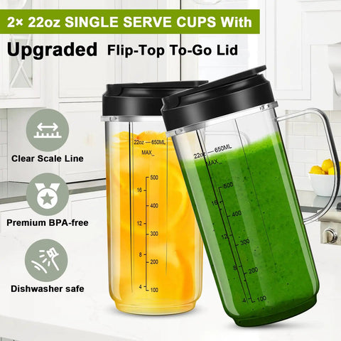 Two Pack 22oz Tall Blender Cups With Handles And Flip Top To-Go Lids For 250W Magic Bullet MB1001 Blenders filled with drinks