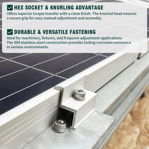 Rock Solid Heavy Duty 1/4 20 X 1.25 Inch Socket Head Cap Screw Bolt In 304 Stainless Steel 18-8 With Allen Hex Key Drive Full Thread 25 Piece Kit mounted on solar panel.