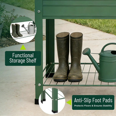 Two Pack Raised Garden Beds Made From Galvanized Steel Planter Boxes With 400 Lb Capacity, Functional Storage Shelf Shown