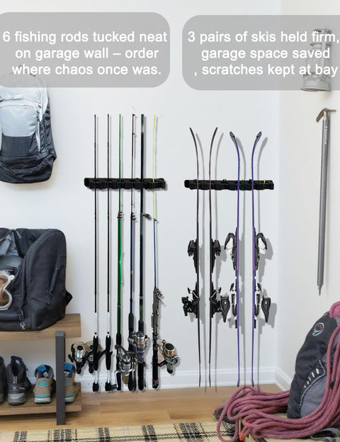 Magnetic Fishing Rod Holder Set For Garage And Truck Surfaces Portable Dual Pack holding fishing rods and skis on wall.