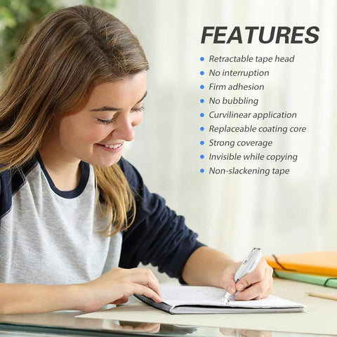 Woman using refillable retractable quick dry white correction tape with cute kawaii pen shaped applicator at a desk