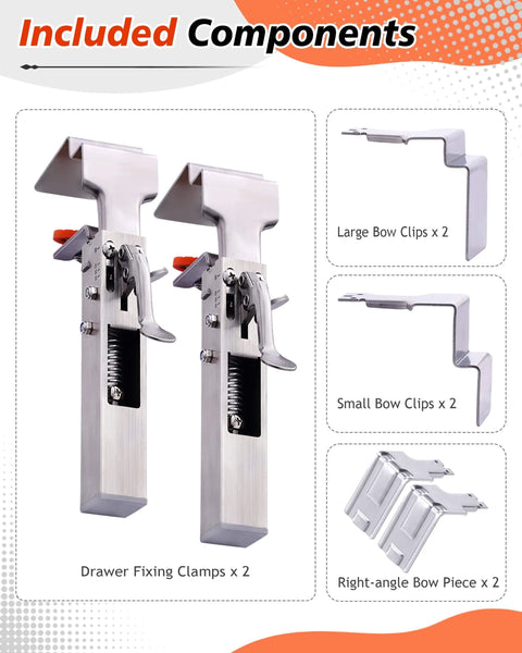 Drawer Fixing Clamps For Panel And Drawer Front Installation, Adjustable Cabinet Face Mounting Clips with components shown