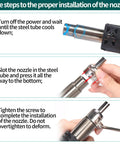 Installation guide for Multi Purpose Heat Gun For Crafts And DIY Projects With Adjustable 212F To 932F Air Temperature, Fine Tune Air Flow, And 3 Nozzles For Shrink Tubing, Epoxy Resin, Soldering And Electronics Rework, showing steps to attach nozzle.
