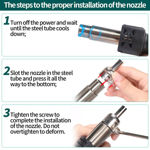 Installation guide for Multi Purpose Heat Gun For Crafts And DIY Projects With Adjustable 212F To 932F Air Temperature, Fine Tune Air Flow, And 3 Nozzles For Shrink Tubing, Epoxy Resin, Soldering And Electronics Rework, showing steps to attach nozzle.