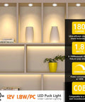 Smart Under Cabinet Lighting That Plays Nice With Alexa And Google Home App Or Remote Control Recessed Or Surface Mount Puck Lights illuminating a display case, showcasing 12V 2W dimmable LED in action.