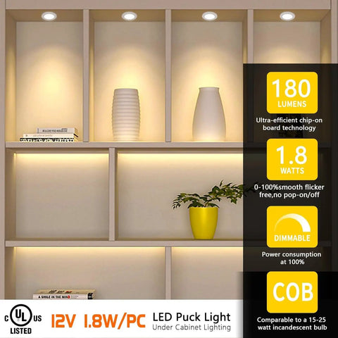 Smart Under Cabinet Lighting That Plays Nice With Alexa And Google Home App Or Remote Control Recessed Or Surface Mount Puck Lights illuminating a display case, showcasing 12V 2W dimmable LED in action.