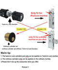 Diagram showing Twist-to-Lock and ordinary cylinder compatibility with respective mortise locks, with labels
