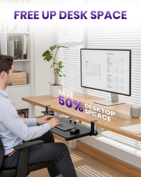 Under Desk Keyboard And Mouse Tray With Pull Out Slide, Adjustable C Clamp, 20 Inch By 11.8 Inch Surface, in use at workstation
