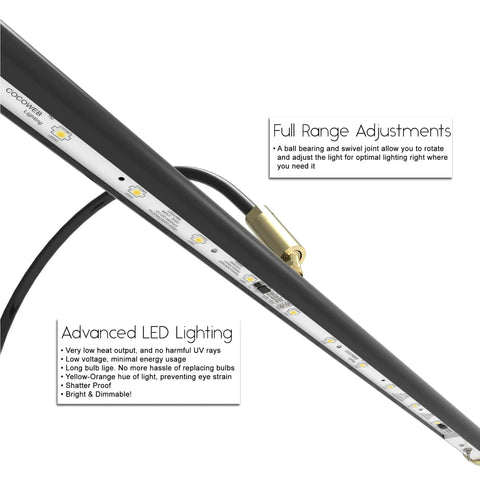 Adjustable Black Grand Piano Lamp With Brass Accents Clip On LED Light Dimmer for 19 Inch Piano, showing LED strip details