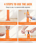 Floor jack usage infographic showing an orange telescoping post jack with base plate and four-step instructions.