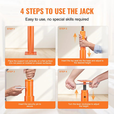 Floor jack usage infographic showing an orange telescoping post jack with base plate and four-step instructions.