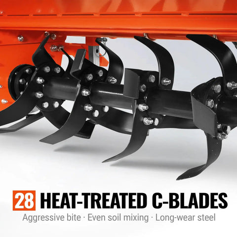 Close-up of 28 heat-treated C-blades on 48 Inch Tractor Rotary Tiller Attachment For 3 Point Cat 1 Hitch Chain Drive PTO Shaft Included.