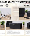 Infographic showing usage and benefits of 2 Pack Foldable Cable Management Boxes For Big Wires, 13.5 X 6 X 5.5 Inches, ABS Safe Plastic.