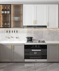 Modern kitchen with 25 Pack Six And A Quarter Inch Brushed Brass Cabinet Handles Set on white and gray cabinets.