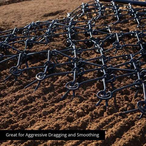 Heavy Duty Drag Harrow 4 Ft By 4 Ft Steel Mesh With 3/8 Inch Tines Tow Behind Agricultural Harrow close-up on soil