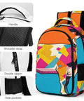 Vibrant Dual Tone Orange Cyan Patchwork Cow Print Unisex Backpack With Large Capacity showing handle, shoulder strap, zipper, side pockets