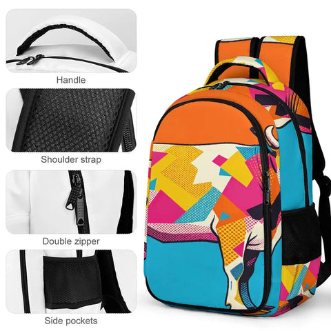 Vibrant Dual Tone Orange Cyan Patchwork Cow Print Unisex Backpack With Large Capacity showing handle, shoulder strap, zipper, side pockets
