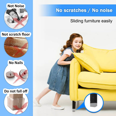 Square And Round Chair Leg Protectors With Felt And Silicone Covers For Quiet Furniture Moves, Elastic Universal Fit setup