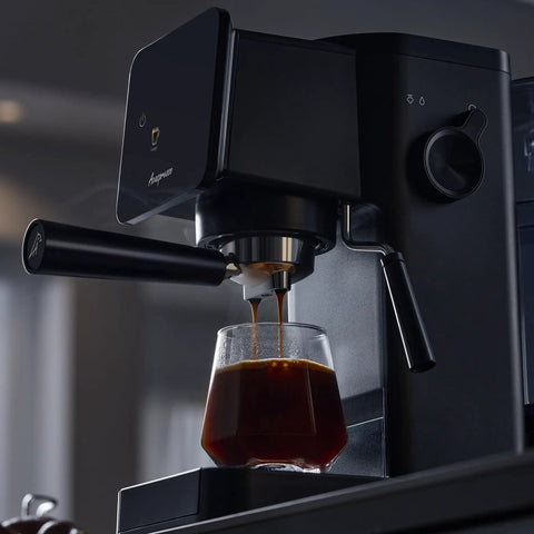 Badass Home Espresso Maker With Slick Touchscreen Interface And 20 Bar Pump Pulls Knockout Shots For Smooth Lattes Or Quick Cold Brew Featuring Full Milk Frothing Setup With Generous 41oz Water Tank brewing espresso into a glass.