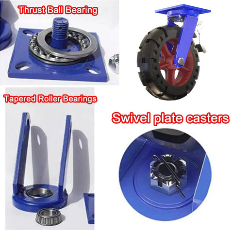 Built Tough Heavy Duty Rubber Casters Going Smooth As Butter With Two Locked And Two Freewheeling Units Bolted To Thick Steel Plates For No Fuss Tool Cart Projects showing thrust ball bearings and tapered roller bearings.