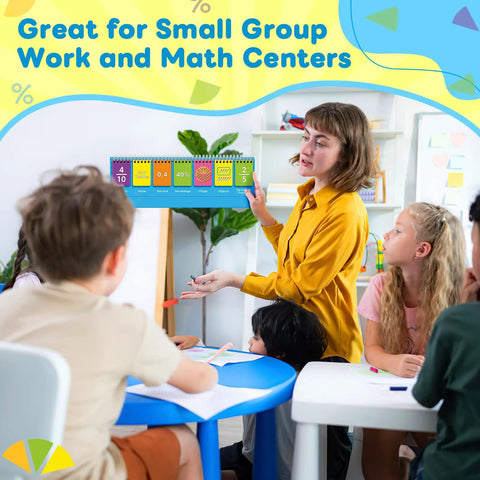 Teacher using Fraction Manipulatives For Kids With Seven Colorful Panels That Visualize Fractions in classroom setting