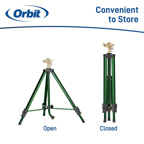 Beefed Up Brass Impact Sprinkler With Adjustable Metal Tripod open and closed view, 1/2 Inch Head, 360 Degree Coverage, Heavy Duty Irrigation