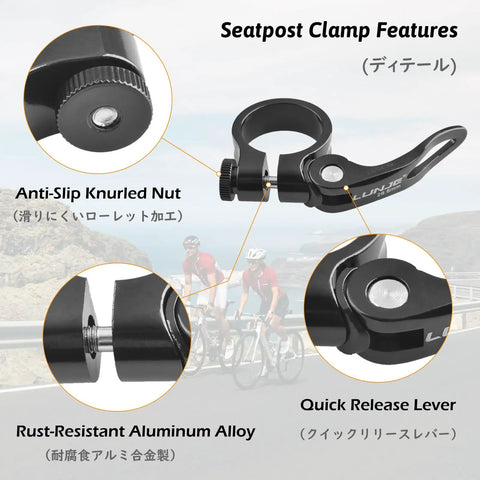 Beefy Aluminum Bike Seat Post Clamp With Quick Release Fits 28.6mm 31.8mm And 34.9mm for MTB Road and Casual Bikes, features labelled