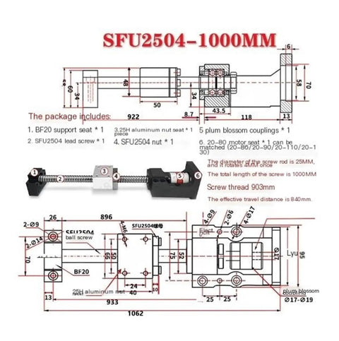 High Precision Ball Screw SFU2504-1000mm For DIY CNC Setups With Ultra Low Backlash, Smooth Rolling Friction, And Rugged Bearing Steel Construction For Rock Solid Linear Motion And Long Life. SFU2504 1000mm technical drawing with BF20 and nut seat dimensions