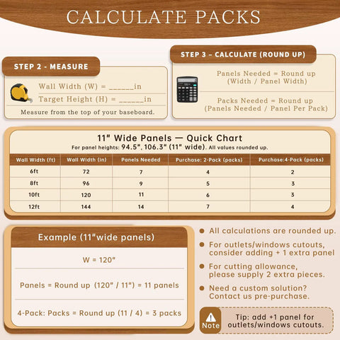 11" wide panel calculation chart for 4 Pack Sleek Wood Slat Wall Panels For Modern Living Space Upgrade Featuring 3D Fluted Acoustic Soundproofing In Gorgeous Walnut Tones Quick Screw Or Glue Application For Instant Room Vibe Glow Up.