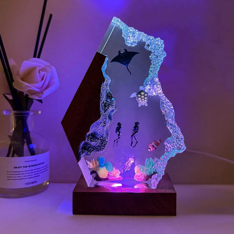 Scuba Diver Ocean Resin Lamp With Multicolor LED Night Light, USB Powered, Handmade Epoxy Decor featuring 3D ocean scene