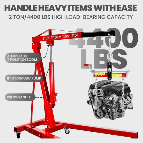 Rock Solid Folding Engine Crane 2 Ton 4400 Pound Capacity with adjustable boom and engine hoisted for easy repairs.
