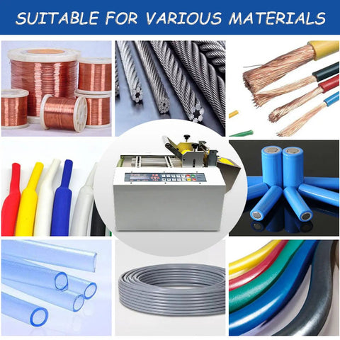 Automatic Microcomputer Heat Shrink Tube Cutter Machine Offering 0.1 Mm Precision Pipe Cutting With Fully Automated 500 Watt Technology For Efficient And Accurate Shrink Sleeve Processing In Compact Design surrounded by various cable, wire, and tubing materials.