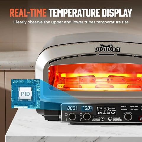 Close-up view of the 14-Inch Indoor Pizza Oven With 850°F High Heat showing temperature display and PID control system.