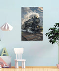 Steam Locomotive Train Canvas Wall Art Ready To Hang Framed Picture For Living Room Bedroom And Office Modern Decor Premium Canvas Print With Wood Frame Aesthetic Home Gallery Vibe showing train on tracks in room setting.