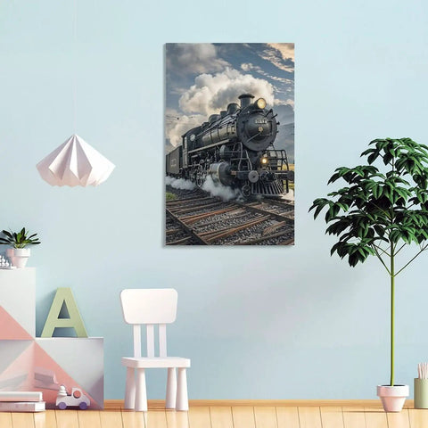 Steam Locomotive Train Canvas Wall Art Ready To Hang Framed Picture For Living Room Bedroom And Office Modern Decor Premium Canvas Print With Wood Frame Aesthetic Home Gallery Vibe showing train on tracks in room setting.
