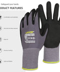 Front view of LOCCEF work gloves: pair with gray seamless knit nylon and black nitrile-coated palms