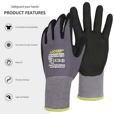 Front view of LOCCEF work gloves: pair with gray seamless knit nylon and black nitrile-coated palms