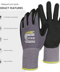 MicroFoam Nitrile Coated Work Gloves, 6 Pairs, Seamless Knit Nylon, Gray, Size 10/XL shown with features