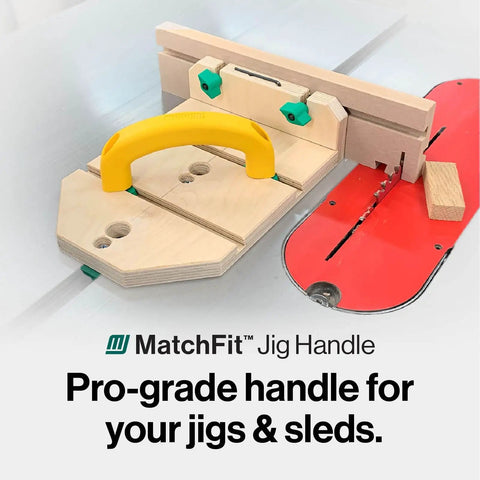 Premium Zero Play Table Saw Sled Kit Featuring Adjustable Miter Bar And Ergonomic MatchFit Handle for easy control while cutting.