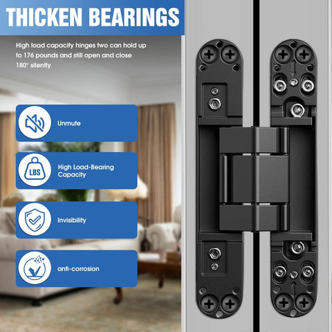 Bisagras ocultas para puertas secretas, 15 Inch 6,35 Inch 2,54 Inch , ajustables en tres direcciones, con montaje oculto invisible, color negro, paquete de 2 unidades