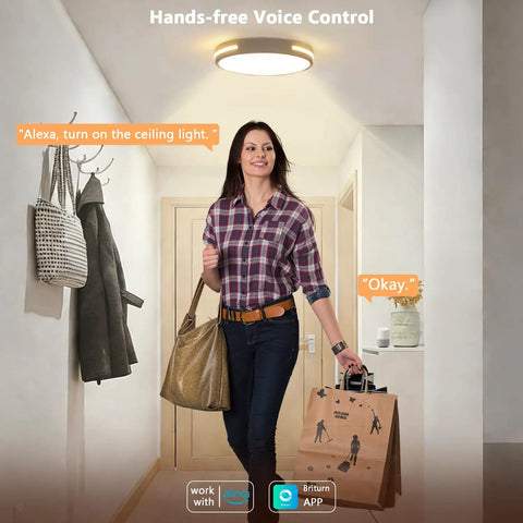 Smiling woman uses voice control under 2 Pack 9 Inch Black Flush Mount LED Ceiling Lights With Adjustable 3000K 4000K 5000K