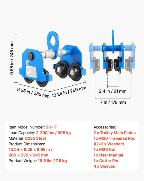 One Ton Manual Trolley with Dual Wheel Push Beam for I Beam and H Beam Adjustable Width 2.4 to 7 inches, blue carbon steel