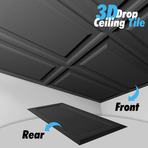 3D drop ceiling tile installation showing front and rear, emphasizing the textured design and easy installation.