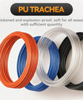 Blue Polyurethane Pneumatic Air Hose 6mm OD 4mm ID 10M Long PU Tube 145 PSI Working Pressure Temperature Range From Minus 4F To 176F High Flexibility Knock Resistant Durable For Air Tools And Projects in a coil with assorted hoses.